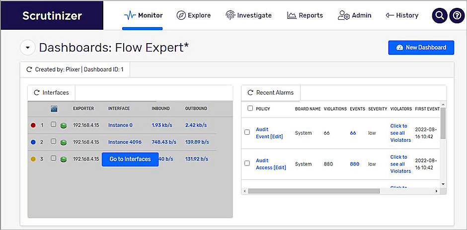 Screen shot of the Plixer Scrutinizer dashboard